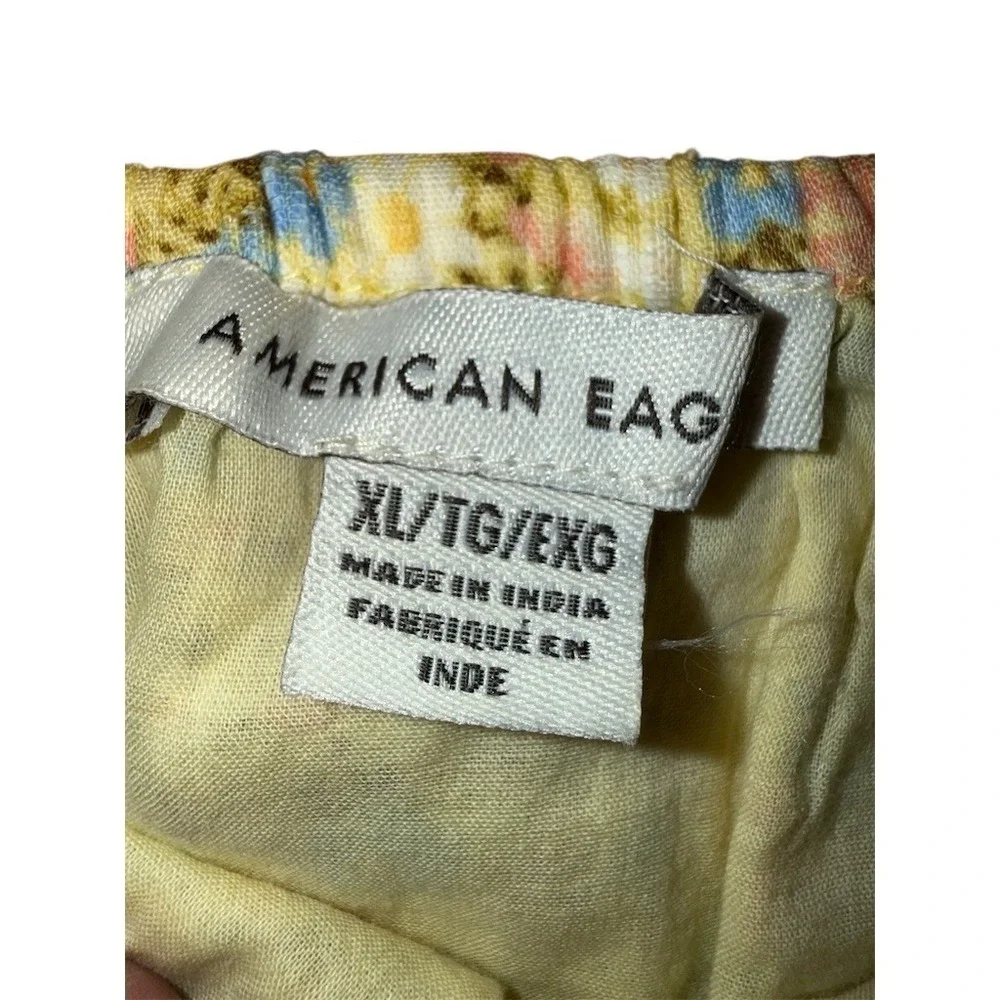 American Eagle Blouse‎ Womens XL Yellow Blue Floral Smocked Cropped Puff peasant